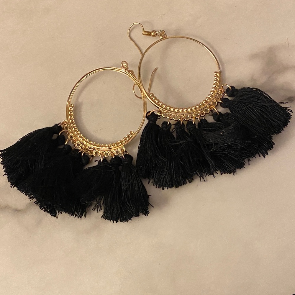 Park Lane Gold and Black Tassel Hoop Earrings